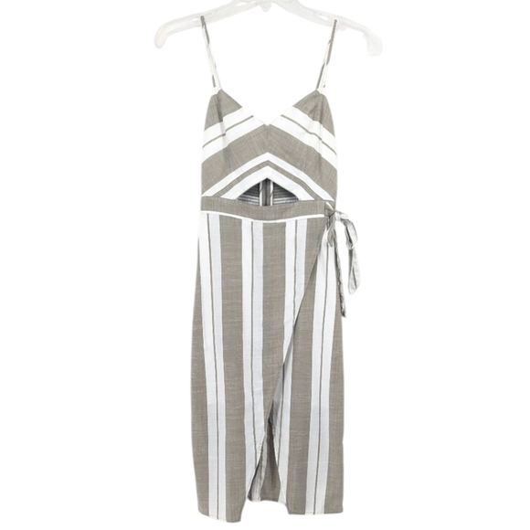 3/$20 Express Taupe And White Striped Wrap Vneck Cutout Cotton Dress Size 0 - Picture 1 of 5